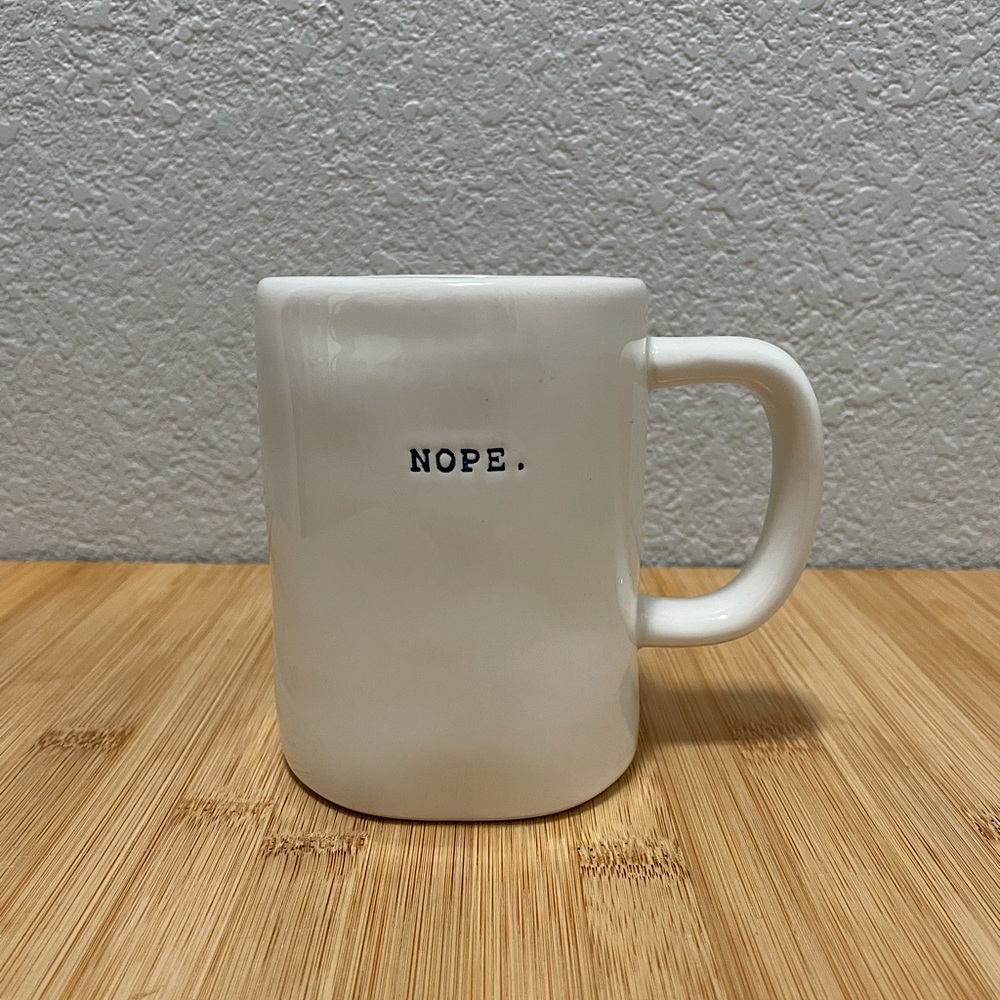 Rae Dunn Nope. Mug, cream/blue